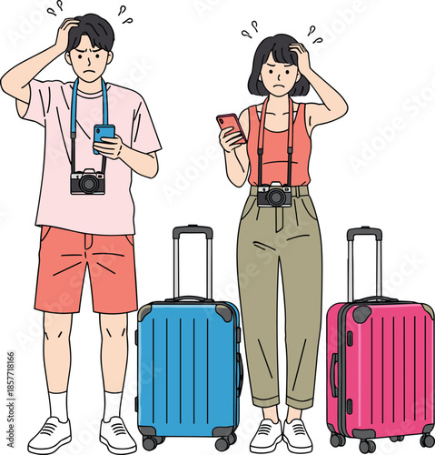 Confused travelers checking smartphone navigation, lost tourist couple with luggage cameras, travel problem concept, modern flat illustration design