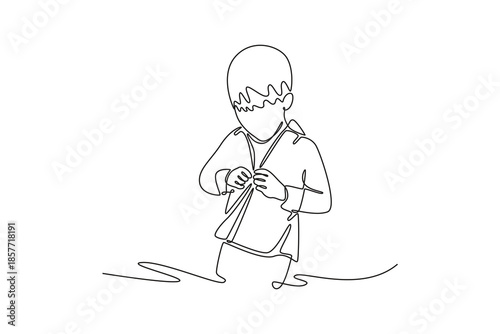 kindergarten boy focuses on buttoning his shirt by himself. Growing family life stage concept. Single line draw design. Vector graphic illustration