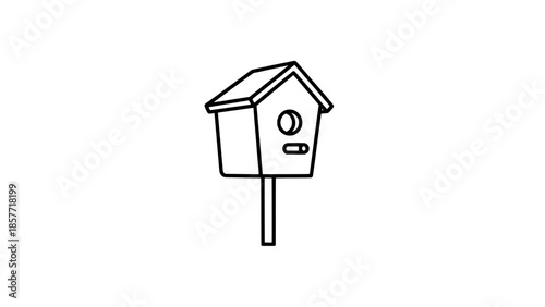 Minimalist line-art birdhouse on a post icon, black outline vector