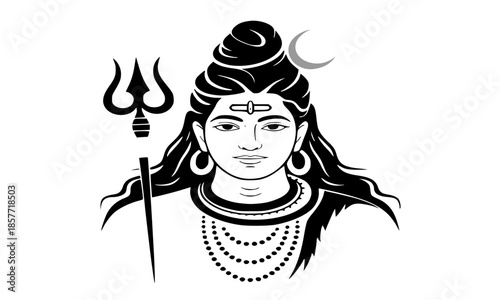 Lord Shiva Silhouette Vector Illustration with Trishul and Crescent Moon, Minimalist Mahadev Face Black Icon with Third Eye and Necklace, Traditional Hindu God Shiva Spiritual Stencil Art, Meditating 
