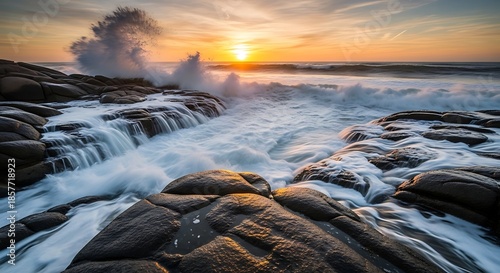 Golden sunset illuminates crashing waves on rocky shoreline.