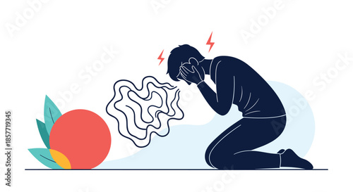 Silhouette of a person kneeling on the floor in deep emotional distress, suffering from a severe headache or mental anguish.