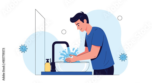 Young man carefully washing his hands with soap and water at a sink to prevent the spread of viruses and maintain hygiene.