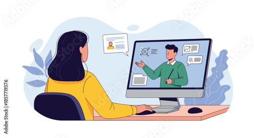 Young woman sitting at her desk participating in an online class, watching a male teacher on her computer screen at home.