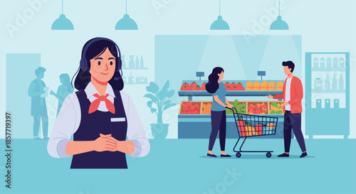 Friendly female supermarket employee with a headset provides customer support, with shoppers in the grocery store background.
