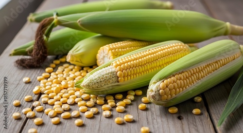 Fresh corn on the cob and kernels are arranged on a rustic wooden surface.
