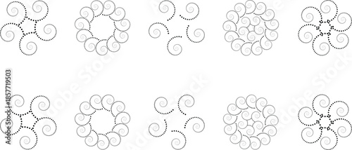 Collection of abstract spiral dot shapes forming circular and radial patterns. Minimal black dotted spirals isolated on transparent background, ideal for design, texture and decorative use.