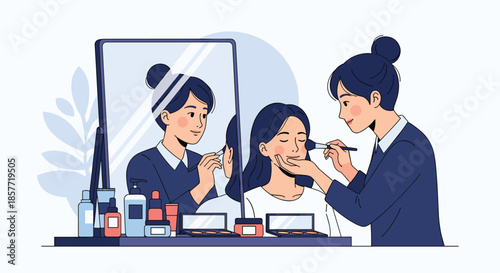 Professional makeup artist applying blush with a brush to a female client's face in front of a mirror in a beauty salon.