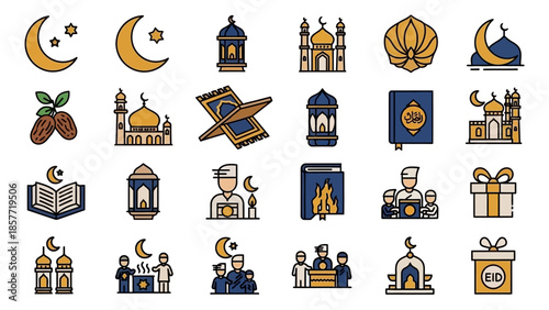 Collection of Islamic and Ramadan Icons Representing Religious Observances and Cultural Traditions.