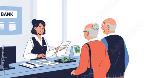 Friendly female bank teller assisting an elderly couple with a financial transaction or service at the bank counter.