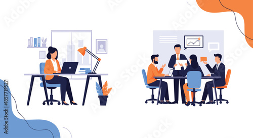 Two business scenes showing a woman working alone at her office desk and a team collaborating during a business meeting.