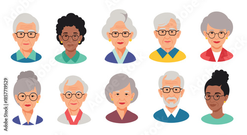 Set of ten diverse senior people headshots, showing elderly men and women of different ethnicities smiling and wearing glasses.