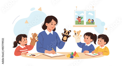 Female teacher in a classroom using hand puppets to entertain and educate a group of three young, engaged children.