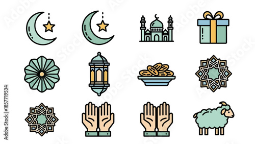 Collection of Islamic and Ramadan themed icons for religious celebrations.
