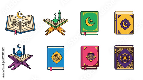 Collection of Islamic Books and Holy Quran Illustrations.