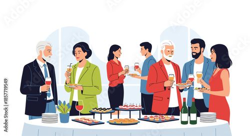 Group of diverse business people enjoying a corporate party, networking and socializing with drinks and appetizers at a buffet.