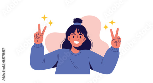 Happy and cheerful young woman with a hair bun smiling and making a V-for-victory or peace sign with both of her hands.