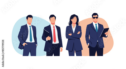 Team of four confident business people, including three men and one woman, standing together as a professional corporate group.
