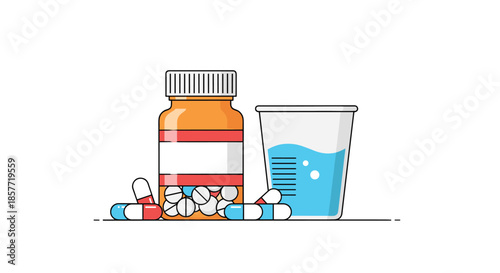 Medical illustration of a prescription pill bottle, various capsules and tablets, and a measuring cup of water for medication.