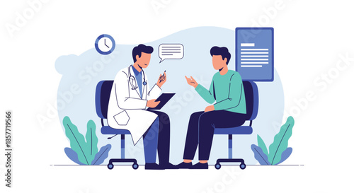 Male doctor in a white coat sitting and talking with a male patient during a medical consultation in a clinic office.