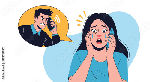 Terrified woman crying during a phone call with an aggressive man who is yelling, illustrating conflict or verbal abuse.