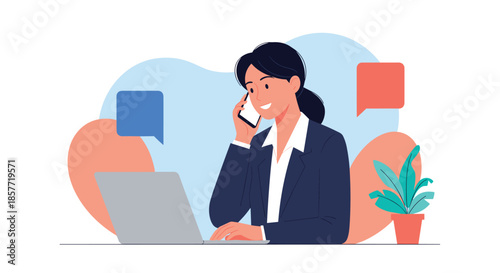 Female customer service representative in a business suit working at her desk, talking on the phone and using a laptop.