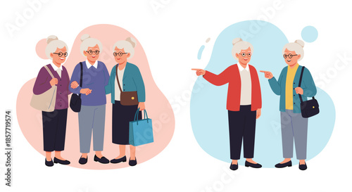 Two sets of illustrations showing elderly women as friends, with a group walking together and two others in conversation.