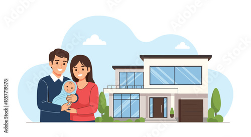 Happy young family with a newborn baby standing proudly in front of their new modern house, representing home ownership.