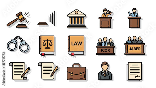 Collection of legal and justice icons representing court and law concepts.