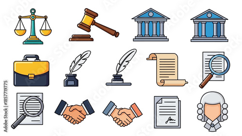 Collection of legal and justice icons representing law and order.