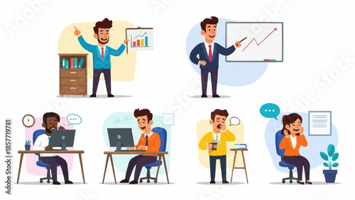 Diverse Office Workers in Various Poses and Activities.