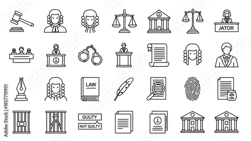 Collection of Legal Justice and Law Related Outline Icons.