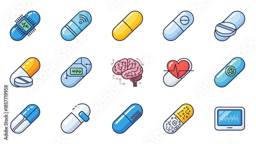 Collection of medical icons including pills and brain illustration.