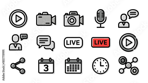 Collection of Live Streaming and Social Media Icons for Digital Content.