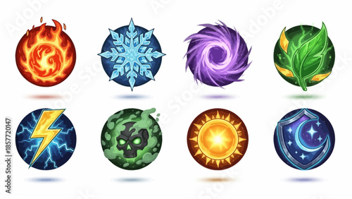 Collection of magical elemental icons for games and fantasy.