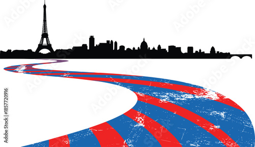Paris skyline silhouette, Eiffel Tower icon, red blue path, French travel vector, cultural landmark, cityscape design, tourism art, modern illustration