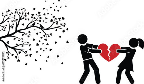Couple breaking heart apart with tree losing leaves