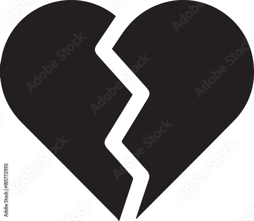Broken heart black silhouette icon isolated on white background, symbol of heartbreak, divorce, and emotional pain.