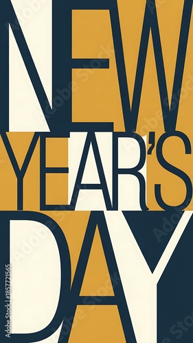 Large white and navy blue block letters spell out NEWYEARSDAY against a warm mustard yellow background in a bold minimalist typographic festive announcements