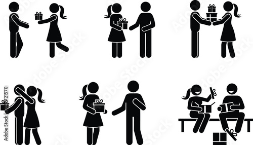 Couple exchanging gifts in different scenes