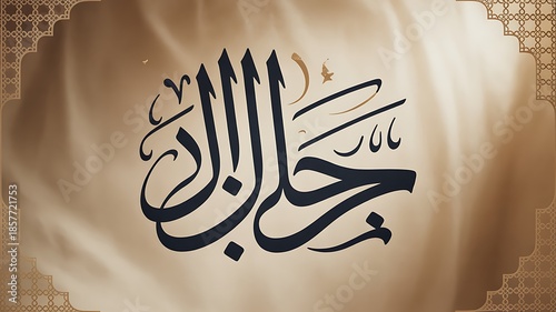 Rich dark blue Arabic calligraphy with flowing, decorative lines and subtle gold accents presented on a soft, flowing beige fabric background with an ornate gold geometric border conveying a sense