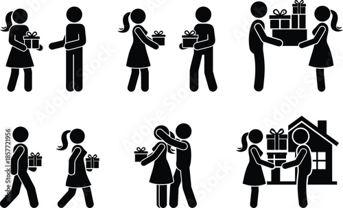 Couple exchanging gifts and hugging in front of house