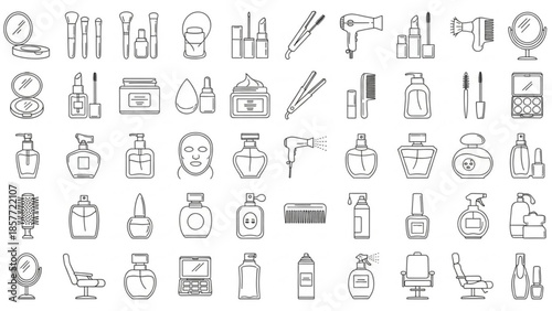 Collection of beauty and personal care items including makeup, skincare, hair tools, and fragrances for a beauty salon or personal use