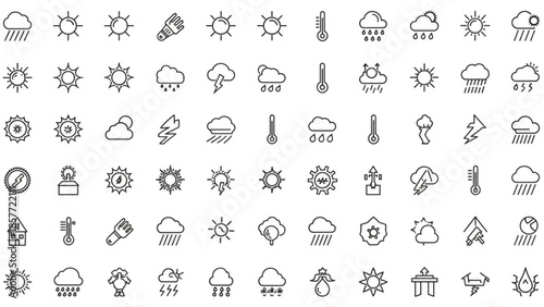 Set of Weather Icons Sun, Clouds, Rain, Snow, Wind, Lightning, Thermometer, and Other Meteorological Symbols