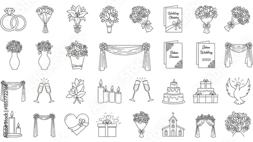 Elegant line art collection of wedding icons featuring essential ceremony and celebration elements. Perfect for invitations, decorations, and romantic event designs