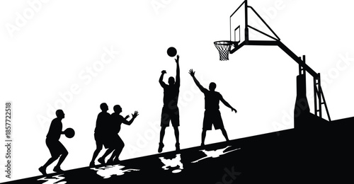 Basketball silhouette illustration, sloped court action, dynamic players, black white vector, hoop scene, athletic motion, urban sport, teamwork graphic
