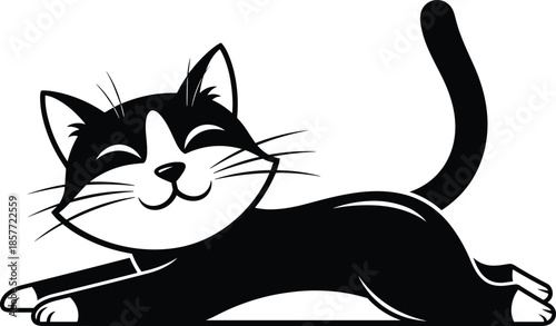 Cartoon cat silhouette, playful stretching pose, black white vector, cute pet design, minimal animal art, cheerful feline character illustration