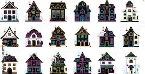 Colorful house illustration set, whimsical architecture, cartoon home vector, vibrant outline design, cozy buildings, festive style, creative graphic, children artwork