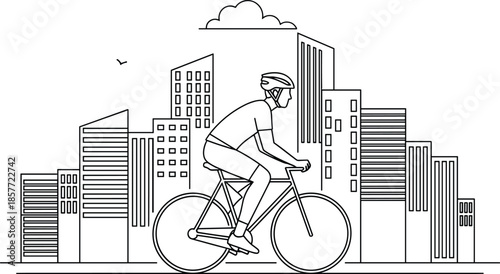 Cyclist in cityscape, urban biking illustration, black white vector, helmet rider, eco transport, healthy lifestyle, architectural background, motion graphic
