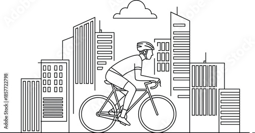 Cyclist in cityscape, urban biking illustration, black white vector, helmet rider, sustainable transport, healthy lifestyle, architectural background, motion graphic